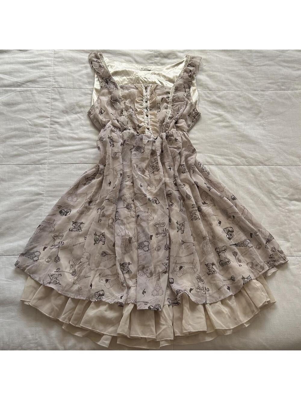 Axes Femme Pink Sewing Print Lace Ruffle Layered Hem Sleeveless Dress M Japan